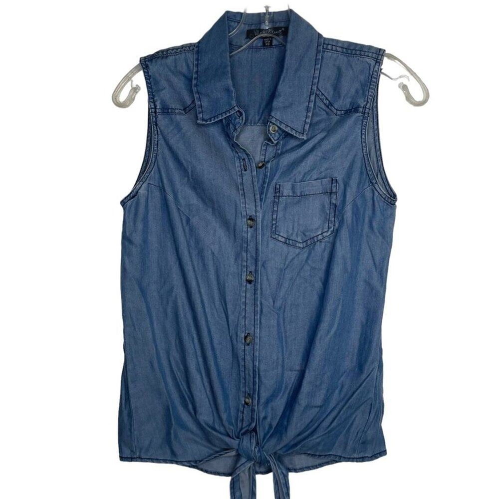 Velvet Heart Womens Blue Tencel Sleeveless Tie Front Button Down Shirt XS